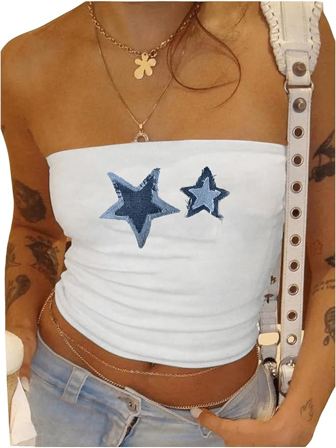 SHENHE Women's Strapless Star Print Sleeveless Crop Tube Tops Y2k Sexy Slim Fit Tops | Amazon (US)