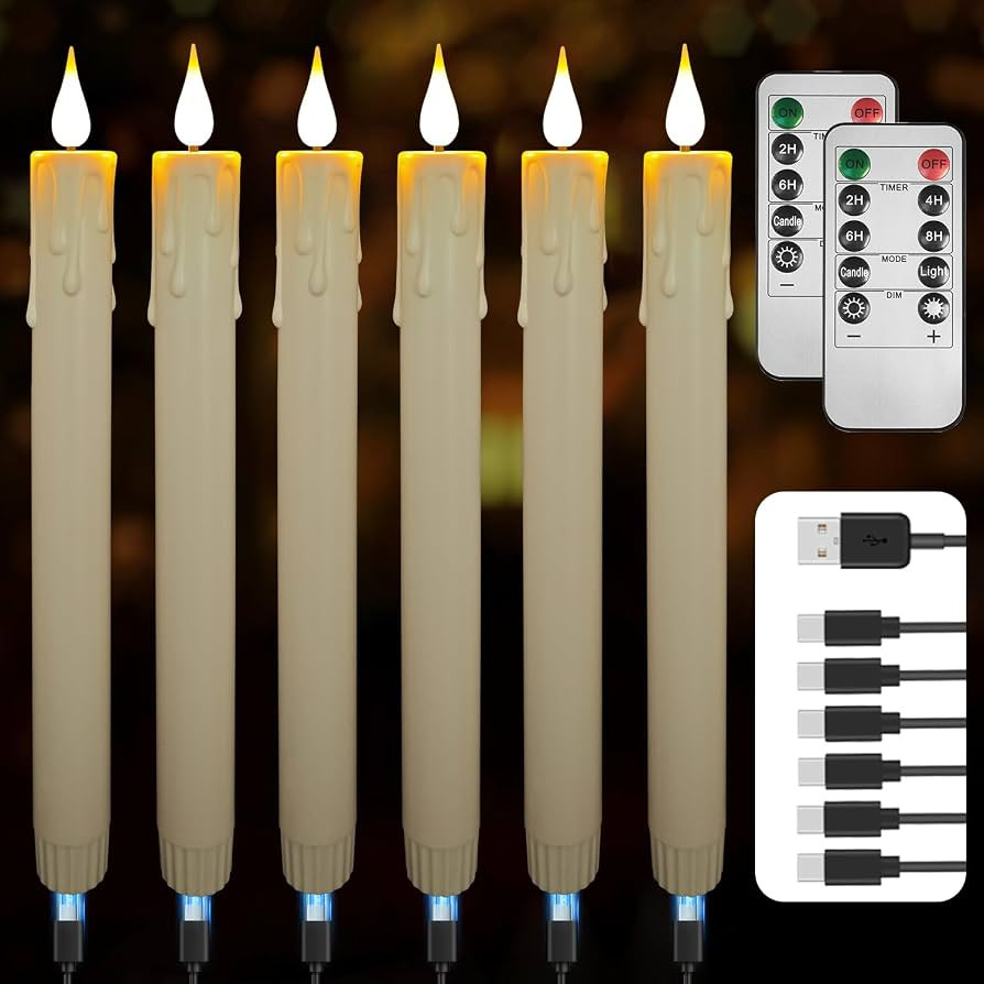 Rechargeable Flameless Taper Candles – 6-Pack, 9.9-Inch, Ivory Plastic, USB-C Charging, 120+ Ho... | Amazon (US)