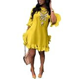Cenglings Women's Sexy O Neck Solid Color Half Sleeve Pleated Irregular Ruffled Skirt Dress Flare Mi | Amazon (US)