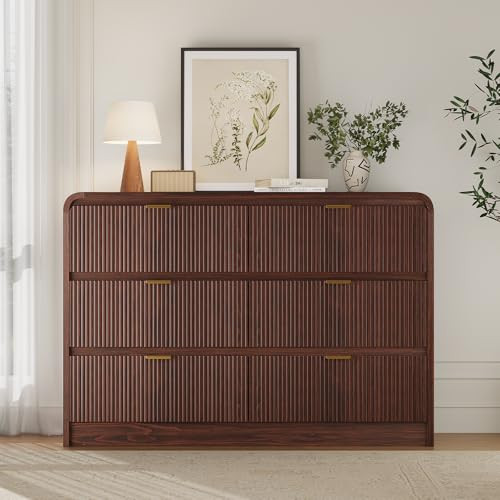 FURSUN Fluted 6 Drawers Dresser for Bedroom, 54" Wide Wooden Dresser with Metal Handle, Curved Profile Design, Modern Storage Organizer for Bedroom, Living Room, Hallway, Dark Walnut | Amazon (US)