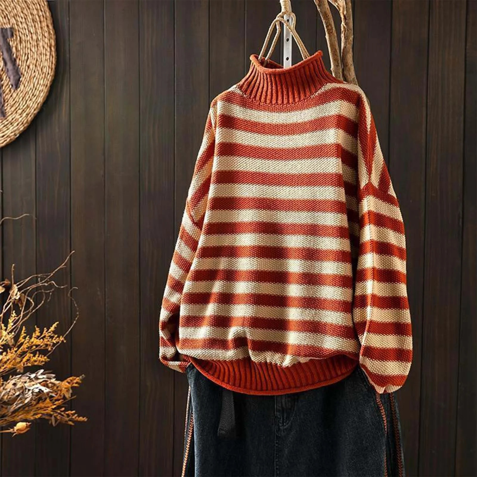 Orange Women's Turtleneck Sweater Women's Retro Striped Contrast Half Turtleneck Sweater Loose Ca... | Walmart (US)