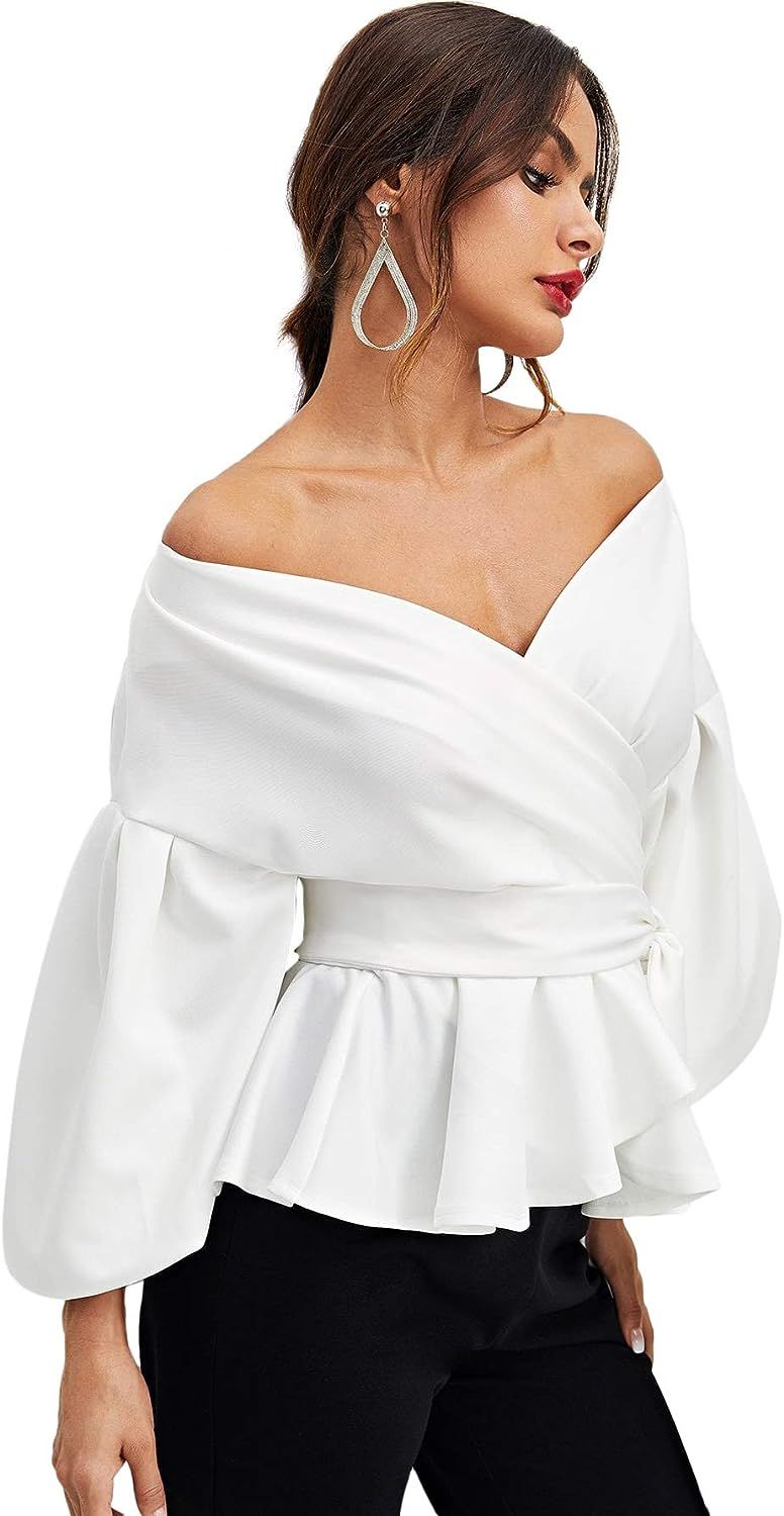 SheIn Women's Long Sleeve V Neck Ruffle Blouse Off Shoulder Tie Waist Wrap Tops | Amazon (US)