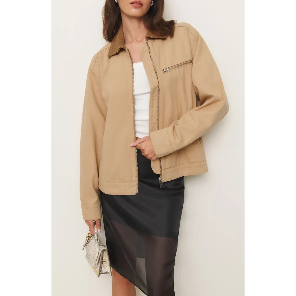 Reformation Harrison Corduroy Collar Denim Jacket in Alder at Nordstrom, Size X-Small | Nordstrom