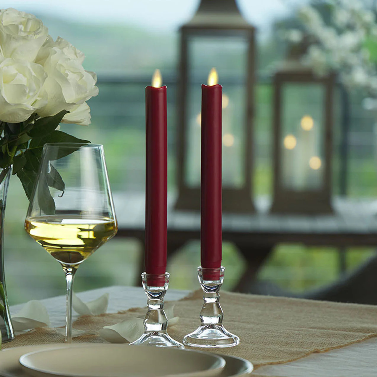 Burgundy Flameless Candle Tapers - Melted Top - 9.5" Height - Set of 2 | Luminara