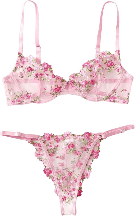 SheIn Women's 2 Piece Sexy Appliques Tanga Mesh Bralette Bra and Thongs Lingerie Set | Amazon (US)