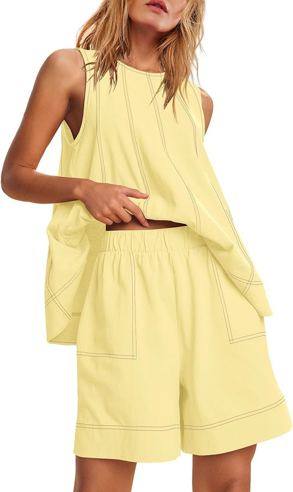 Nirovien Womens Short Sets 2 Piece Vacation Outfits Sleeveless Tank Top and Shorts Matching Set w... | Amazon (US)