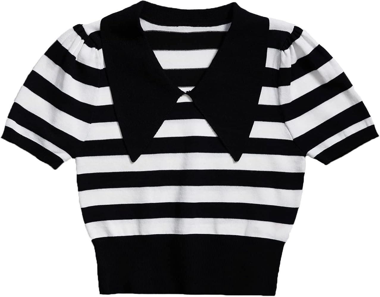 Verdusa Women's Casual Striped Print Collar Ruched Sleeve Slim Fit Crop Knit Top | Amazon (US)