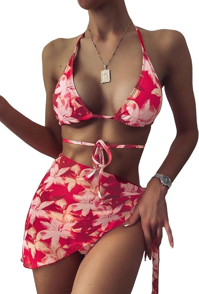 SweatyRocks Women's 3 Piece Bathing Suit Tie Dye Print Triangle Swimsuit Bikini Set with Cover Up Sk | Amazon (US)