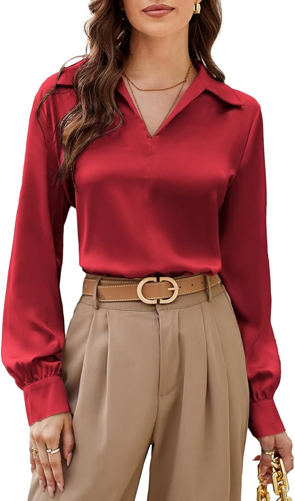 GRACE KARIN Women's Satin Silk Blouse Lapel V Neck Long Sleeve Casual Work Blouse Shirts Pullover... | Amazon (US)