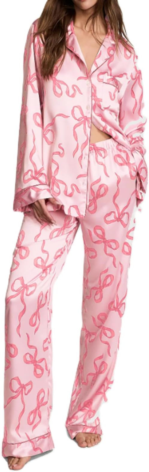 Women Bow Pajamas Satin Pajama Set Floral Silk 2 Piece Lounge Sets Button Down Shirts Wide Leg Pa... | Amazon (US)