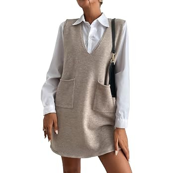 OYOANGLE Women's V Neck Sleeveless Knitted Solid Short Sweater Dress with Pockets | Amazon (US)
