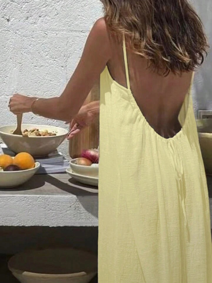 INAWLY Women's Solid Color Backless Lace Up Loose Spaghetti Strap Dress | SHEIN