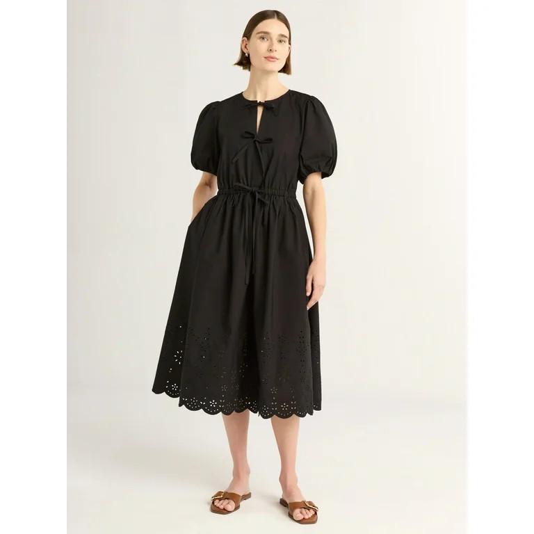 Free Assembly Women's and Women's Plus Tie Front Cotton Eyelet Midi Dress with Short Puff Sleeves... | Walmart (US)