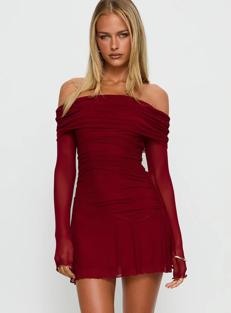 Koki Long Sleeve Off Shoulder Mini Dress Red | Princess Polly US