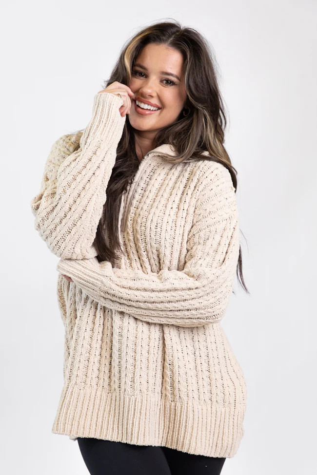 Forever Yours Beige Cable Knit Chenille Quarter Zip Sweater | Pink Lily