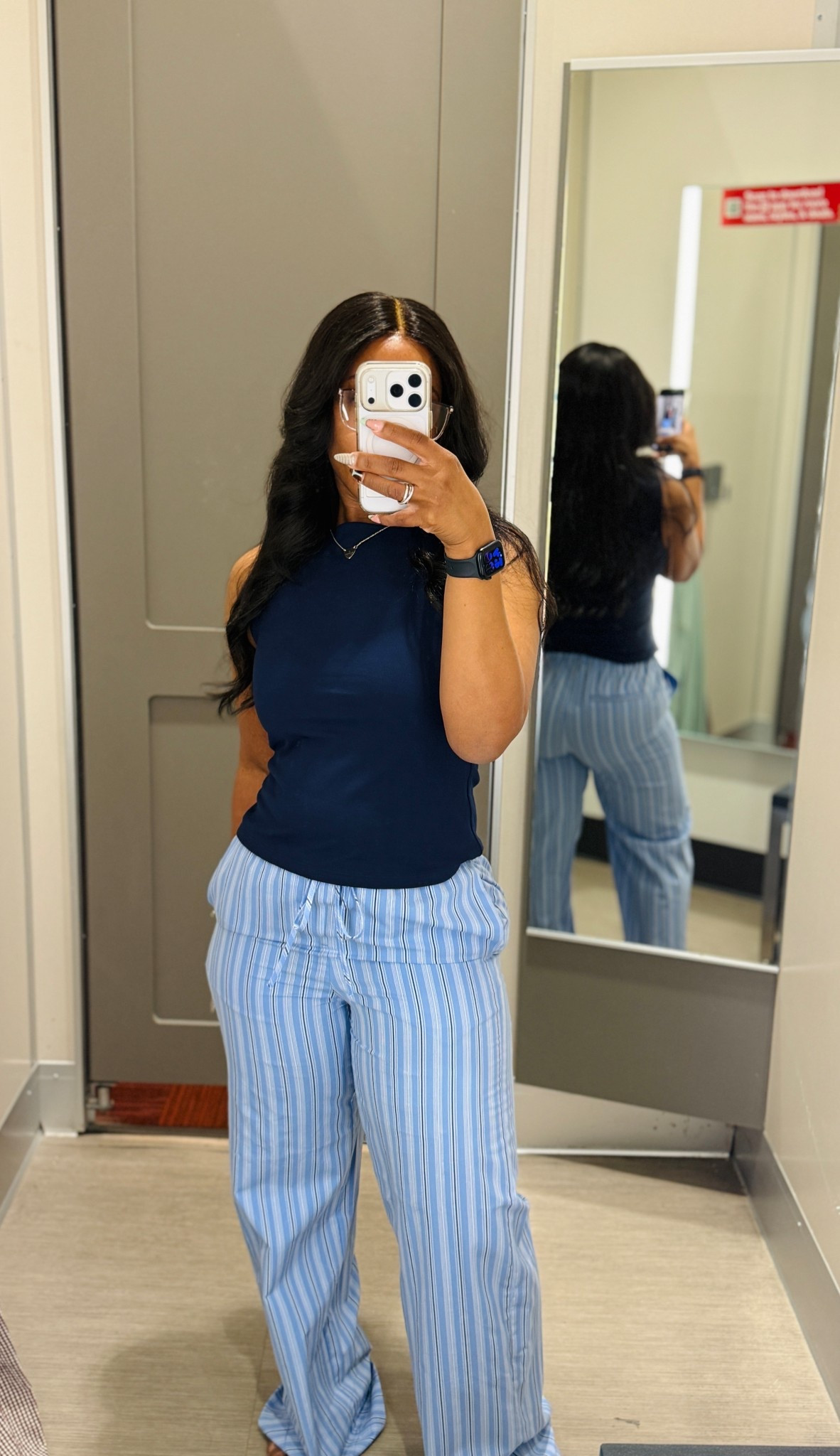 Wearing a size small in the top and a small in the bottom. Love the navy and light blue look together. Pants are comfortable, not a lot of stretch in the thigh area and a little long in length which can be altered. 

#LTKPetite #LTKSaleAlert #LTKU