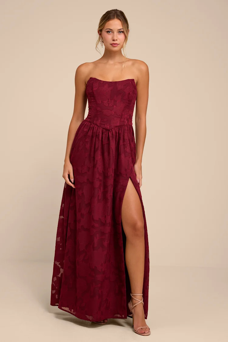 Kalila Burgundy Floral Burnout Strapless Maxi Dress | Lulus