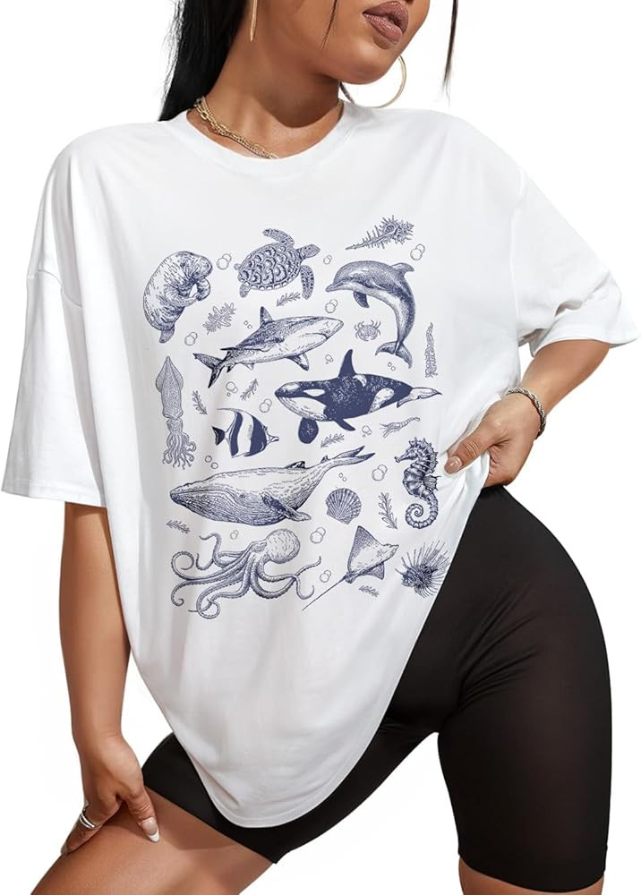 Flafens Oversized Tshirts for Women - T Shirt Graphic Tees Loose Crewneck Pattern Sleeve Cute Pri... | Amazon (US)