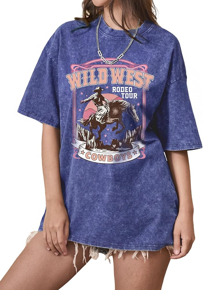 Vintage Washed Oversized T-Shirt for Women Casual Western Cowboy Short Sleeve Tee Baggy Cattle Sk... | Amazon (US)