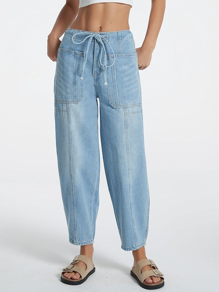 Women's Wide Leg Baggy Jeans Elastic Waist Barrel Jeans Trendy Loose Drawstring Ankle Denim Pants | Amazon (US)