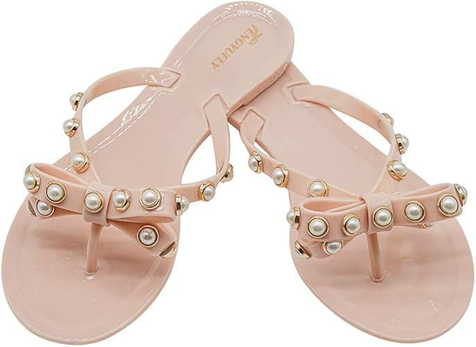 Womens Rivets Bowtie Flip Flops Jelly Thong Sandal Rubber Flat Summer Beach Rain Shoes Pearls,Pin... | Amazon (US)