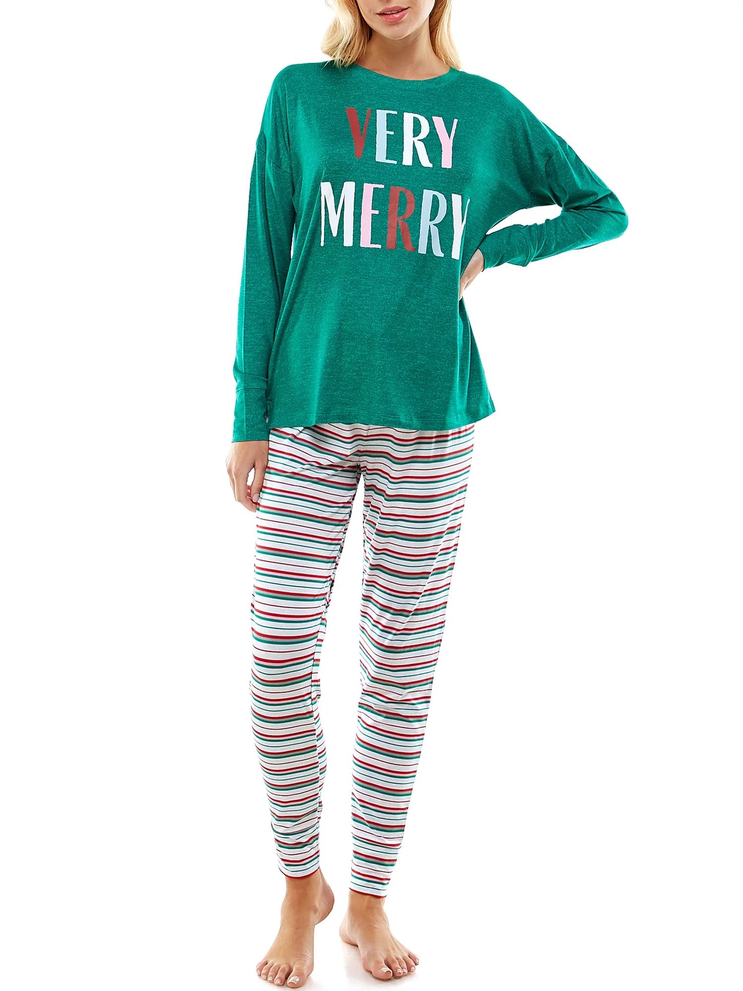 Jaclyn Women and Women's Plus Holiday Printed Long Sleeve Pajama Set | Walmart (US)