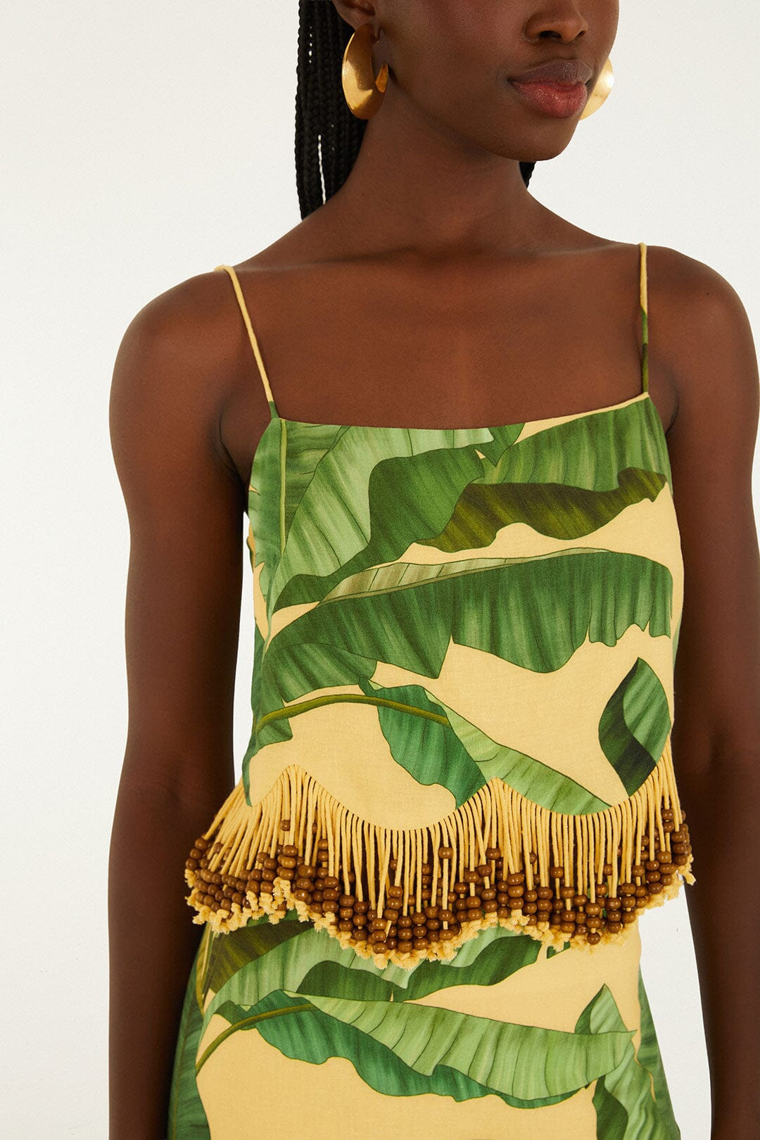 Yellow Fruit Leaves Banana Beaded Fringes Sleeveless Top | FARM Rio | FarmRio (US)