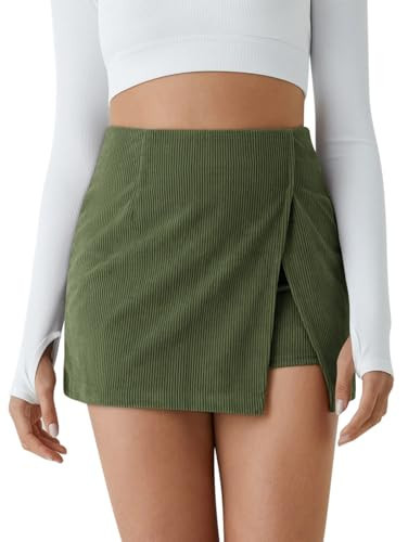 COCCKO Corduroy Skirt Women High Waist Suede Side Split Skort Bodycon Short Mini Skirts Army Green L | Amazon (US)