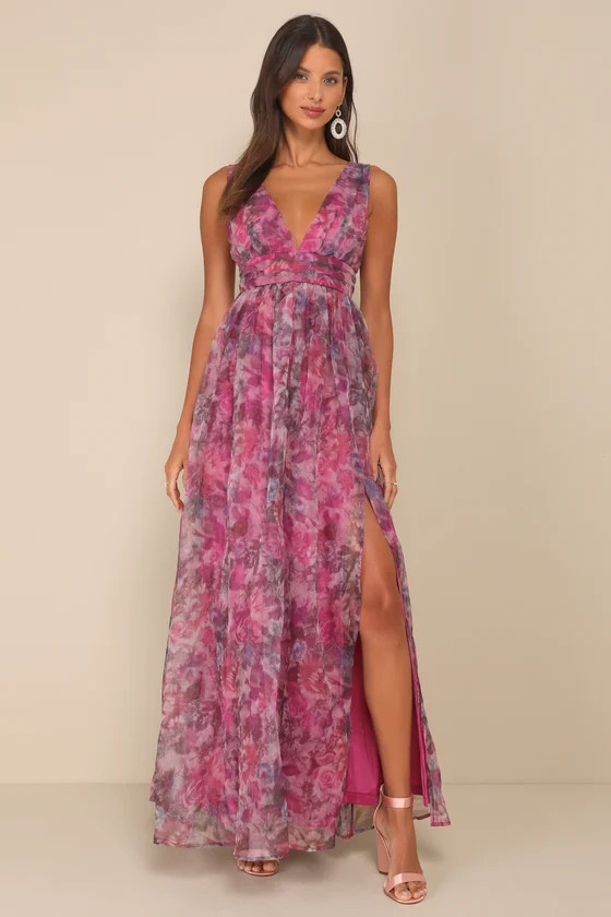 Garden Romance Magenta Floral Print Organza Maxi Dress | Lulus