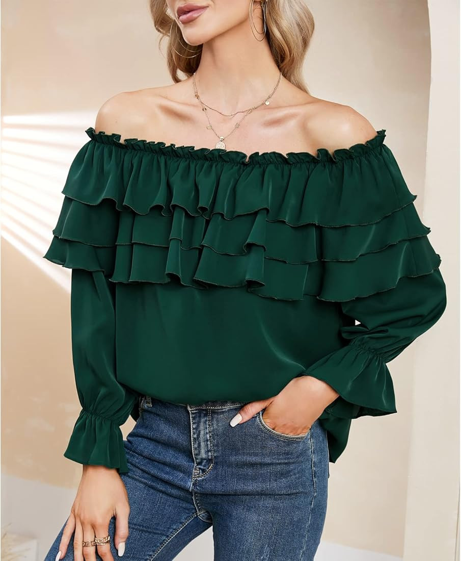 Byinns Women's Off The Shoulder Layered Ruffle Top Long Sleeve Peplum Blouses Party Shirts Dressy To | Amazon (US)