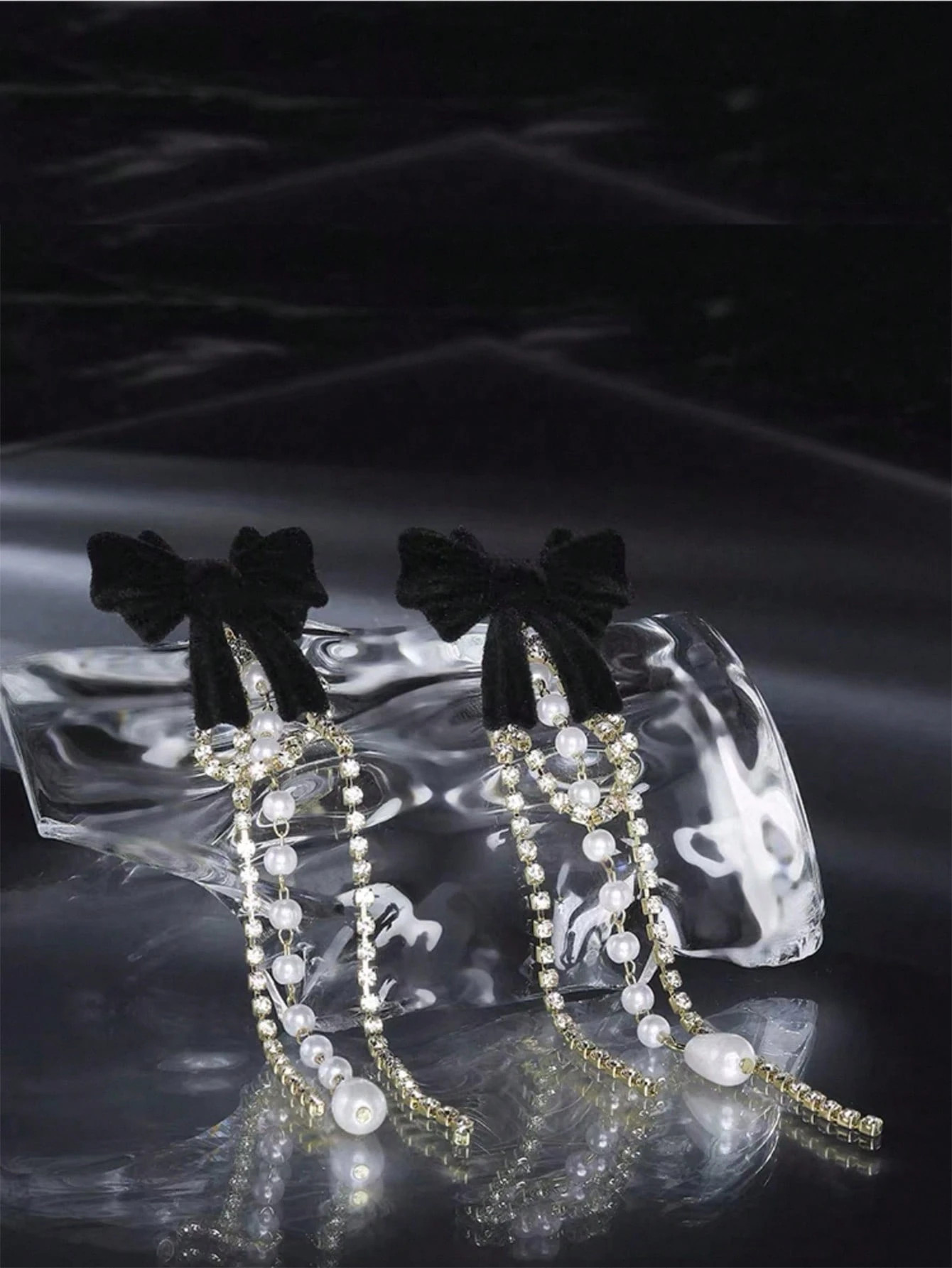 2pcs Black Bowknot Faux Pearl Pendant Earrings, Luxurious Rhinestone Chain Tassel Earrings, Long ... | SHEIN