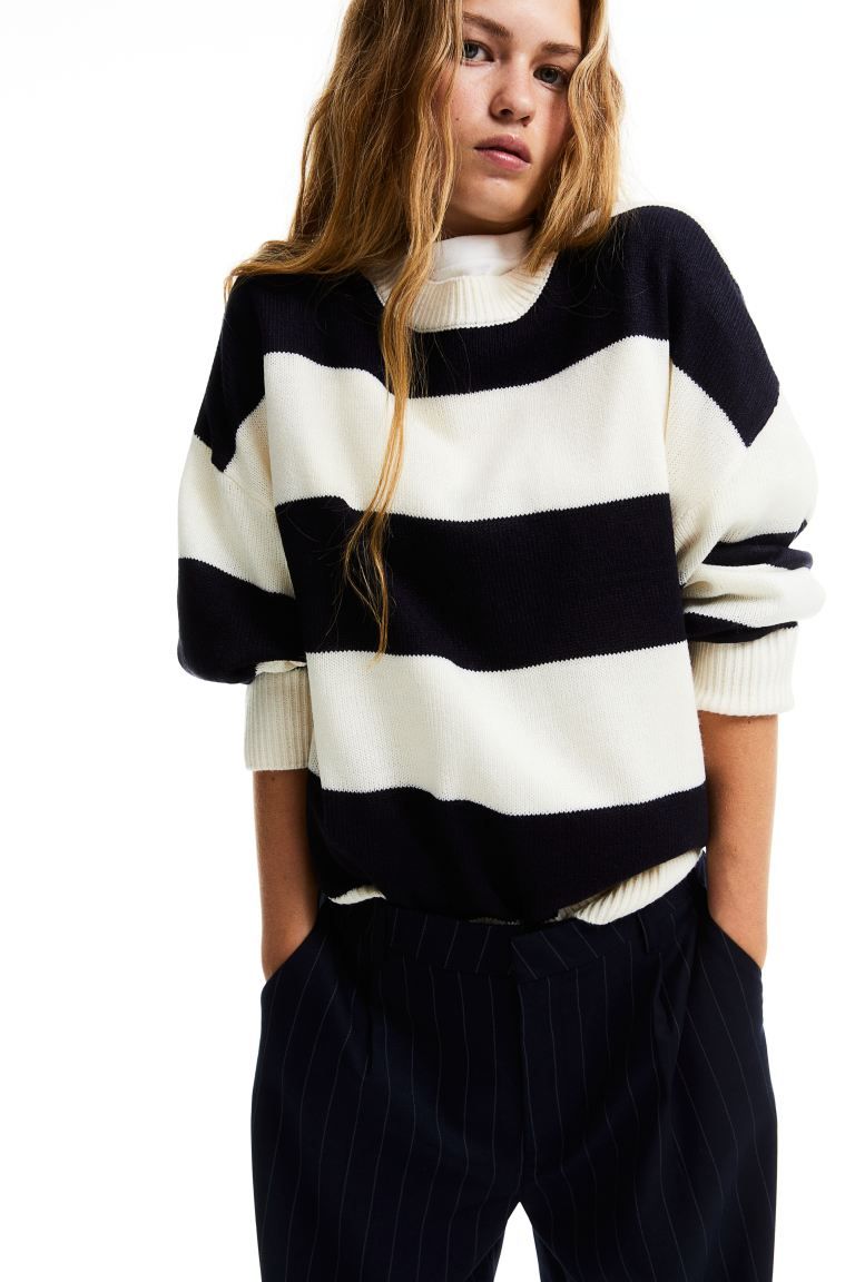 Jacquard-knit Sweater - Navy blue/striped - Ladies | H&M US | H&M (US + CA)