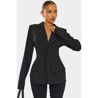 Long Sleeve Cinched Waist Shaped Hip Detail Blazer In Black, Women's Size UK 10 | EGO (UK)