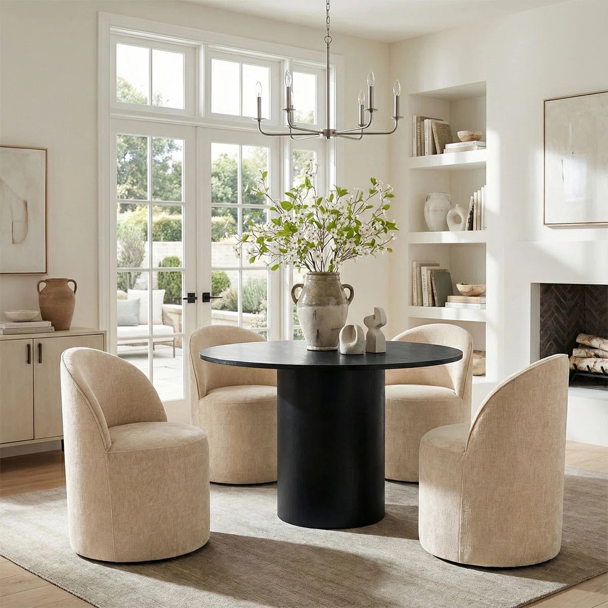 Designed with comfortable upholstered fabric chairs and a refined round table, this dining set blends everyday functionality with an effortlessly sophisticated aesthetic. ON SALE and under $1,100. The dining table is available in both light tan and black finishes, while the plush upholstered chairs come in multiple color options.

Keywords:

* round dining table set
* upholstered dining chairs
* 4 person dining set
* modern dining furniture
* kitchen dining set
* breakfast nook furniture
* contemporary dining set
* dining room furniture
* organic modern decor
* warm neutral interiors
* designer inspired dining room
* cozy dining space
* curated home aesthetic
* modern farmhouse dining
* boutique café aesthetic
* elevated everyday living