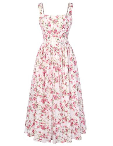 Women's Floral Corset Sundress Square Neck Sleeveless Cottagecore Dresses Summer Casual Dress Red Size 16 | Amazon (US)