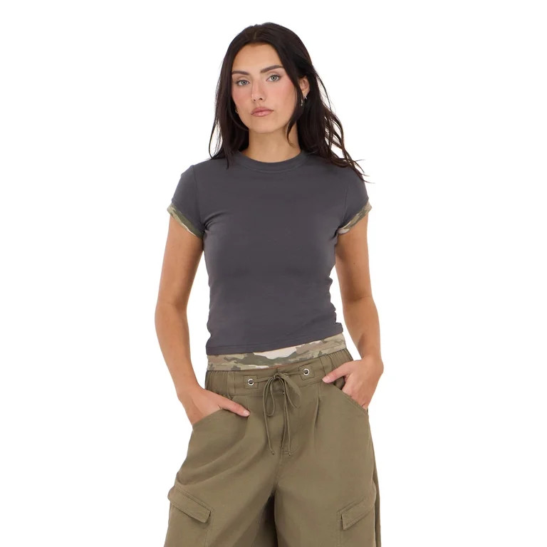 Forever 21 Women's Black Camo Y2K Layered Look Tee Top, Layered Design for Everyday Casual Style,... | Walmart (US)