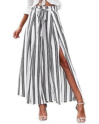 Simplee Women's Elegant Striped Split High Waisted Belted Flowy Wide Leg Pants | Amazon (US)