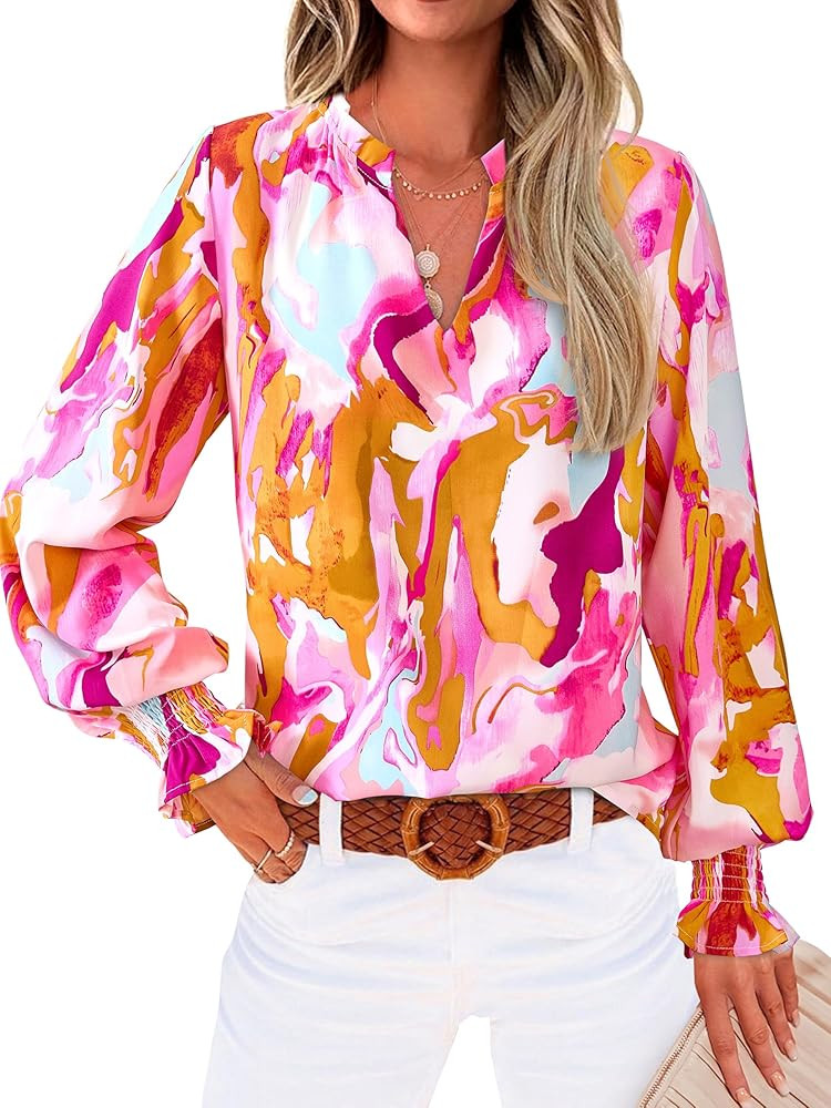 MASCOMODA Womens V Neck Floral Long Sleeve Tops 2026 Summer Casual Loose Puff Sleeve Chiffon Boho... | Amazon (US)