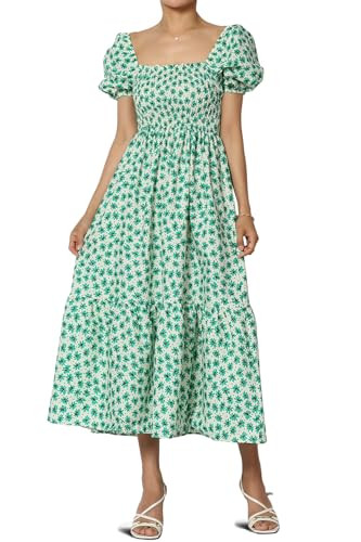 TheMogan Women's Bohemian Floral Midi Dress Summer Puff Sleeve Smocked Square Neck Tiered A-Line Dress Kelly Green L | Amazon (US)
