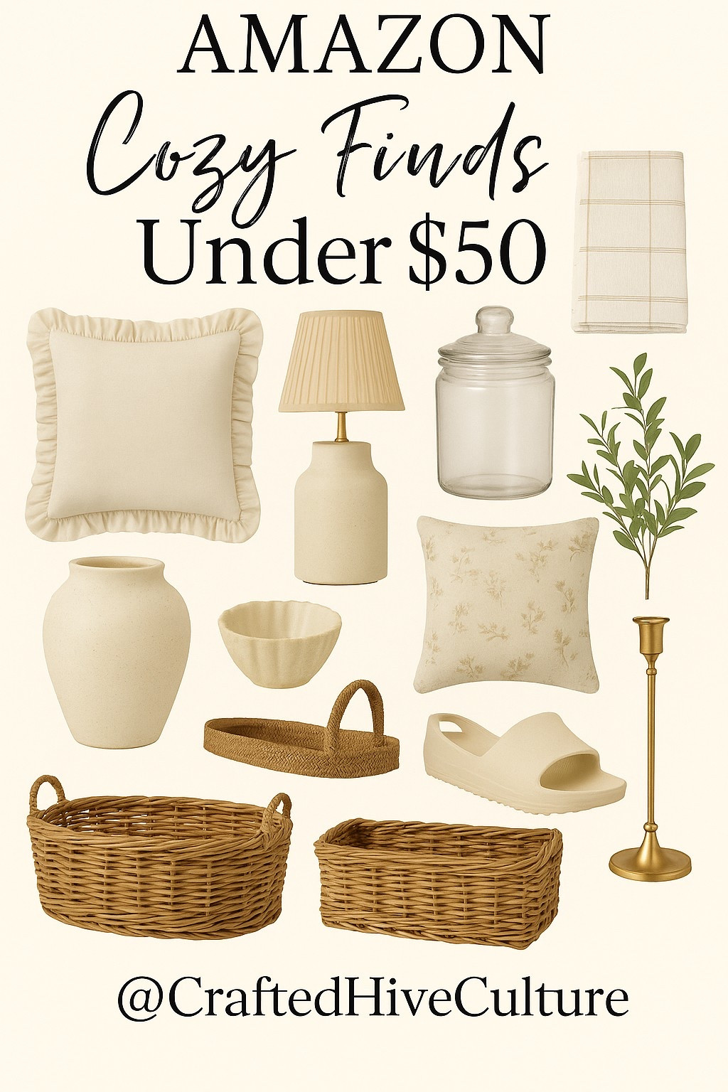 Cozy Amazon Finds Under $50 🕯️🧺

Creating a warm, welcoming home doesn’t have to break the bank! These Amazon picks are all under $50 and full of cozy cottagecore charm. Whether you’re styling a shelf, refreshing your entryway, or adding soft touches to your living space—these affordable finds are functional, beautiful, and budget-friendly.

✨ Soft ruffle + floral pillows
🧺 Wicker baskets & trays
🕯️ Brass candlestick + neutral ceramic lamp
🍃 Faux greenery & textured vessels
☕ Cozy essentials for everyday comfort

Tap to shop your favorites and bring home these budget-friendly cozy finds!
#AmazonHome #CozyDecor #Under50Finds #BudgetFriendlyStyle #LTKhome #CottagecoreDecor #CraftedHiveCulture #NeutralAesthetic

#LTKStyleTip #LTKHome #LTKSeasonal