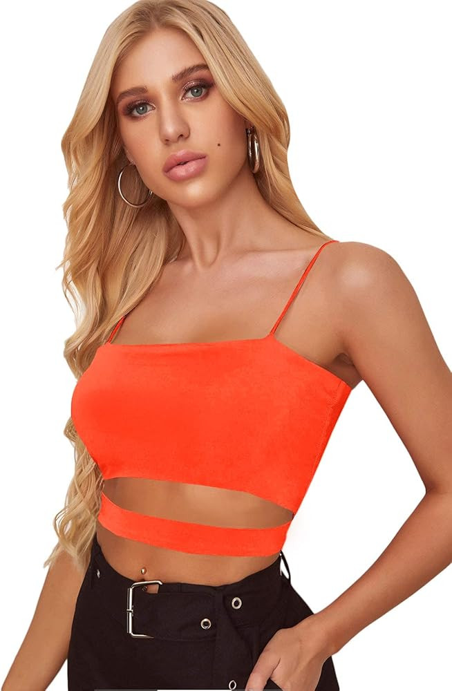 Floerns Women's Summer Spaghetti Strap Sleeveless Sexy Rave Cut Out Cami Crop Top | Amazon (US)