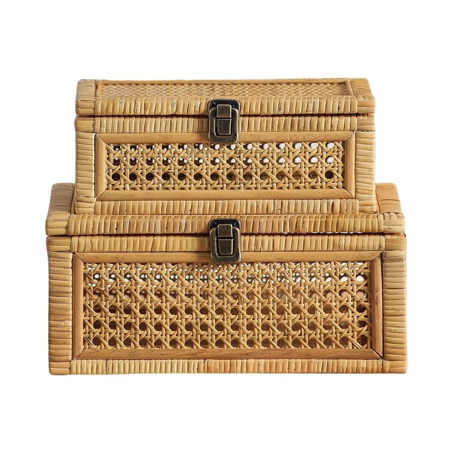 Rattan Decorative Box with Lids, Rectangular Woven boxes for home decor, Boho Display Wicker Cane... | Amazon (US)