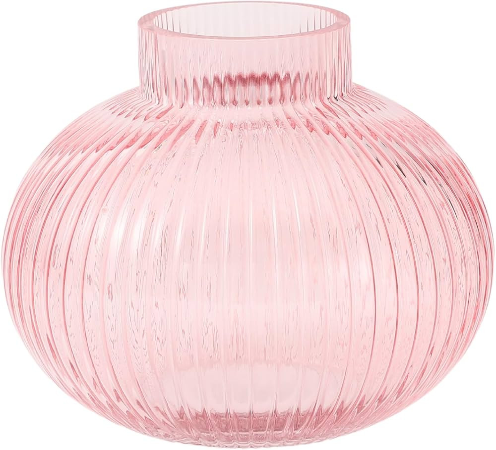 Round Glass Vase, Flower Vase, Ribbed Glass Vase, Fluted Vase, Short Glass Vase, Pink Glass Vase ... | Amazon (US)