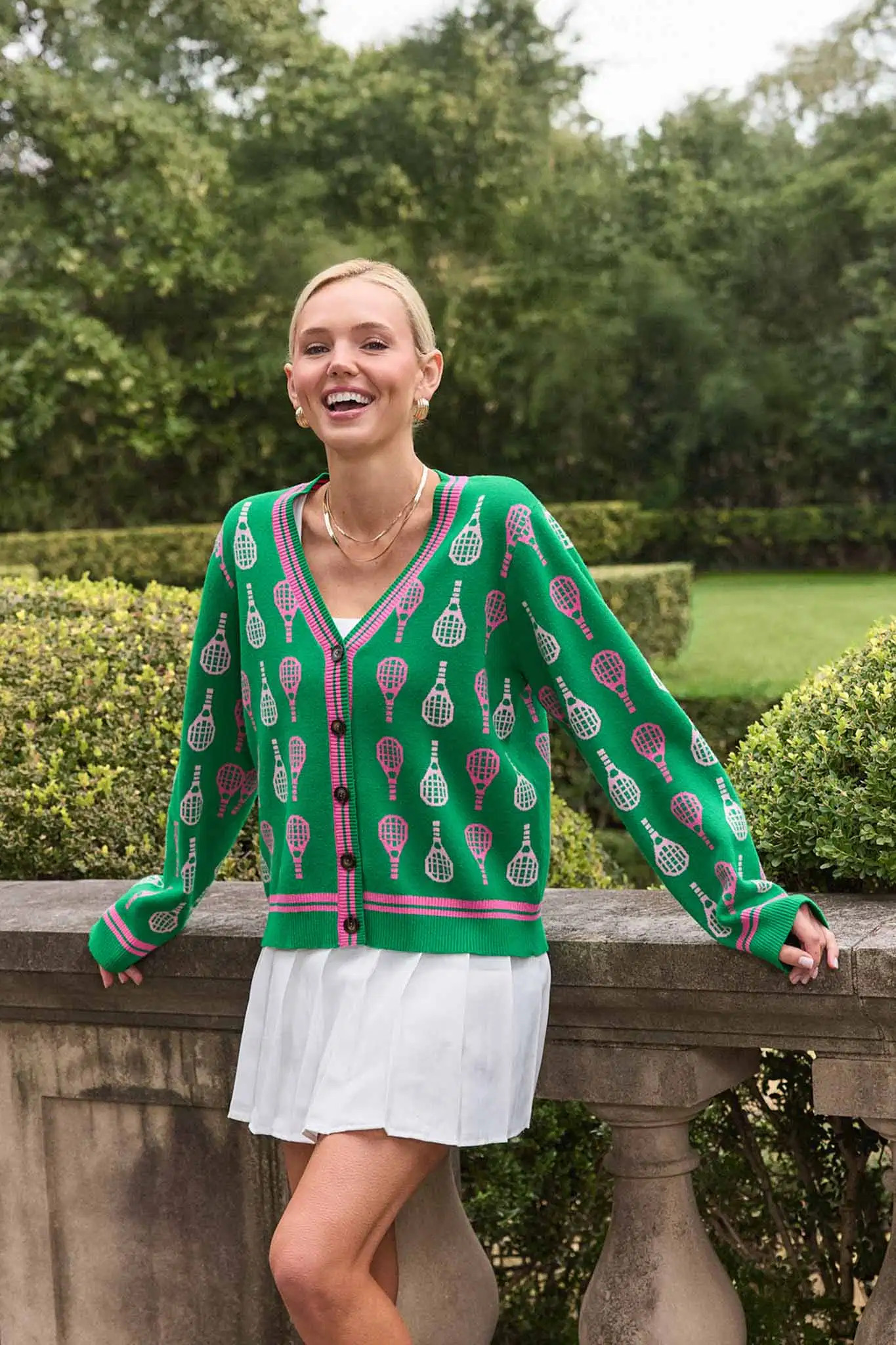 Courtney Green Racket Print Cardigan | Avara