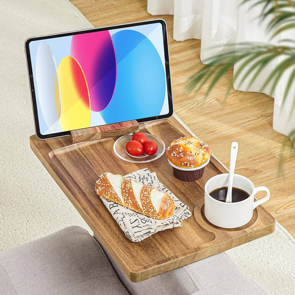Couch Arm Tray, Acacia Wood/Super Stable/ 360° Rotatable Phone Holder/Cup Holder, Adjustable Sof... | Amazon (US)