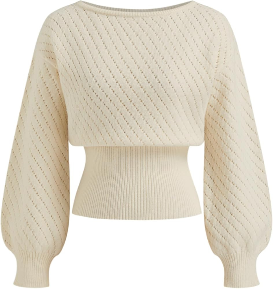 CIDER Women's One Shoulder Sweater Boat Neck Knit Sweater Lantern Sleeves for Women Knit Tops Win... | Amazon (US)