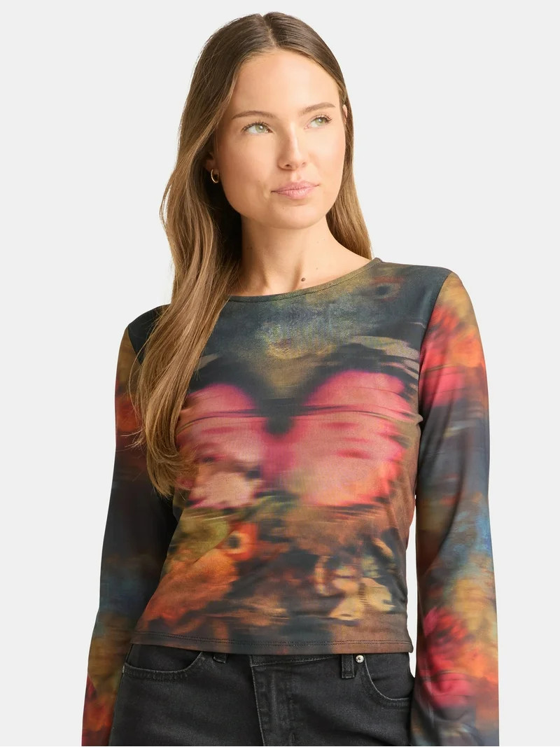 Madden NYC Women's Mesh Top with Long Sleeves, Sizes XXS-XXL | Walmart (US)