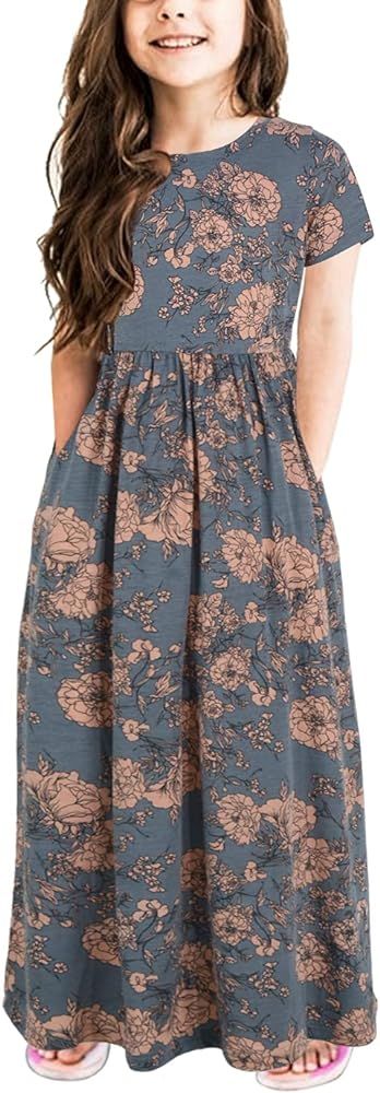 GORLYA Girl's Short Sleeve Floral Print Loose Casual Long Maxi Dress with Pockets 4-12 Years | Amazon (US)
