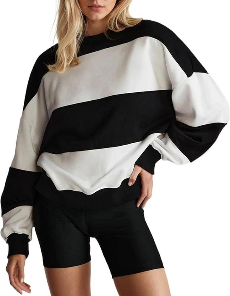 Women Striped Crew Neck Long Sleeve Drop Shoulder Oversized Loose Sweatshirt Pullover Color Block... | Amazon (US)