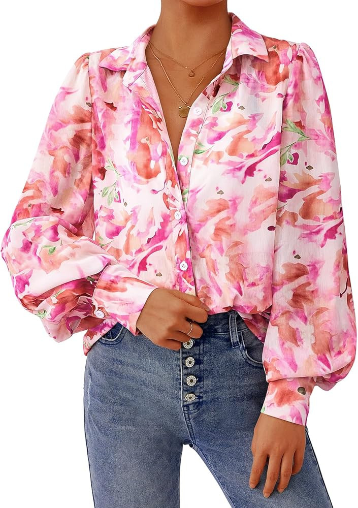PRETTYGARDEN Women's Floral Blouses Dressy Casual V Neck Button Down Shirts Lantern Long Sleeve B... | Amazon (US)